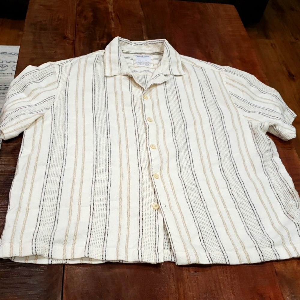 Denim & Flower Cream and Tan Striped Casual Button-Down Shirt